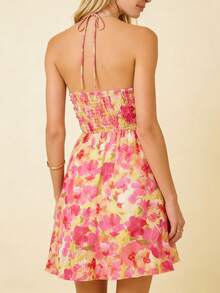Women's Floral Halter Neck Mini Dress Ruched Backless A-Line Maternity Party Dress With Adjustable Self-Tie - Rosa - Ver 5
