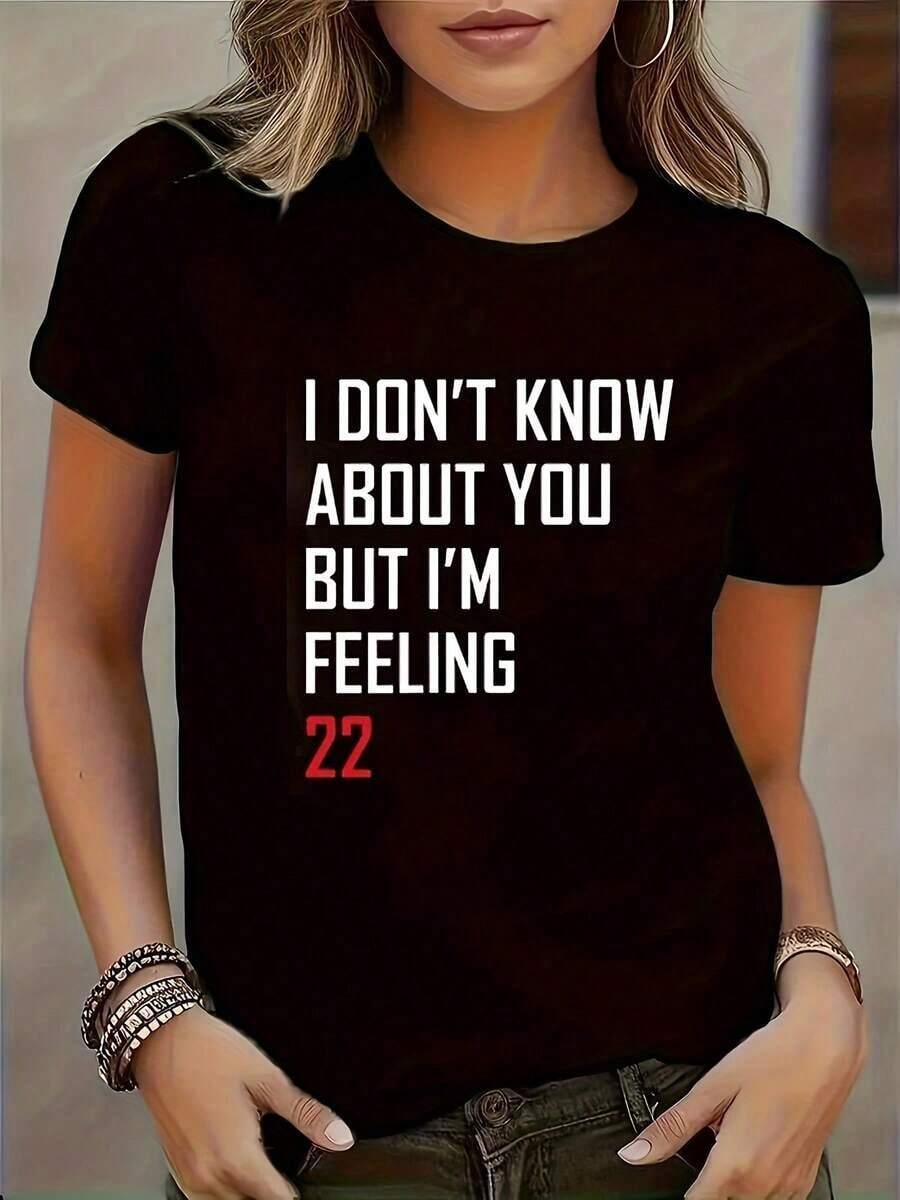 Camiseta Casual de Cuello Redondo de Poliéster, Estampado con Patrón de Alfabeto, Bloques de Color, Corte Regular, Tejido de Punto de 200g/M² para Todas las Temporadas, Camiseta para Mujer - Negro - Ver 1