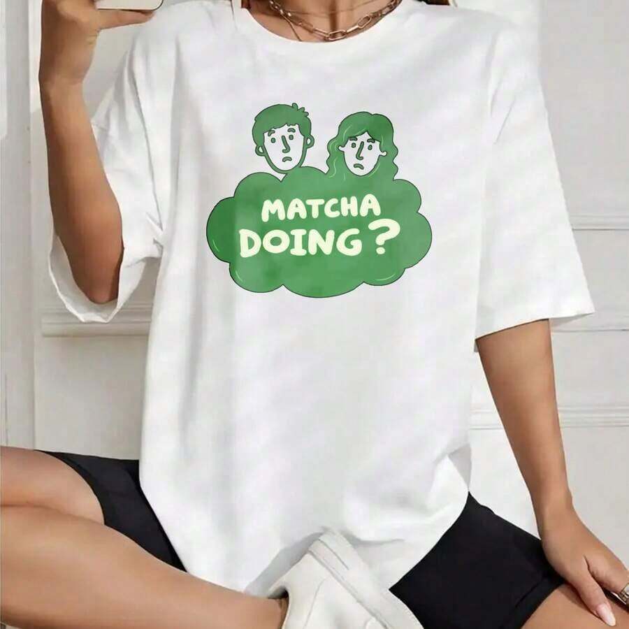 ModaModaSummer Camiseta de Algodón Estampada Estilo Coreano para Mujer, Camiseta con Estampado de Matcha y Signo de Interrogación, Manga Corta, Cuello Redondo, Top para Damas, Bonita, Estampada - Blanco - Ver 1