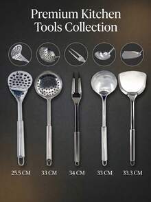 A Multi-Piece Stainless Steel Kitchen Utensil Set With Faux Wood Grain Handles, Including Spatulas, Slotted Spoons, Soup Ladles, Frying Spatulas, And Wok Spatulas. A Durable - Stainless Steel Five-piece Set - View 10
