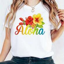 1 Pieza de Moda Casual para Hombres y Mujeres! ¡Nuevo! Camiseta de manga corta de verano para mujer, ideal para vacaciones hawaianas informales de Aloha. Versátil, fácil de combinar, adecuada para uso diario, estilo urbano, conjuntos de vacaciones, conjuntos de fin de semana. - Blanco - Ver 7