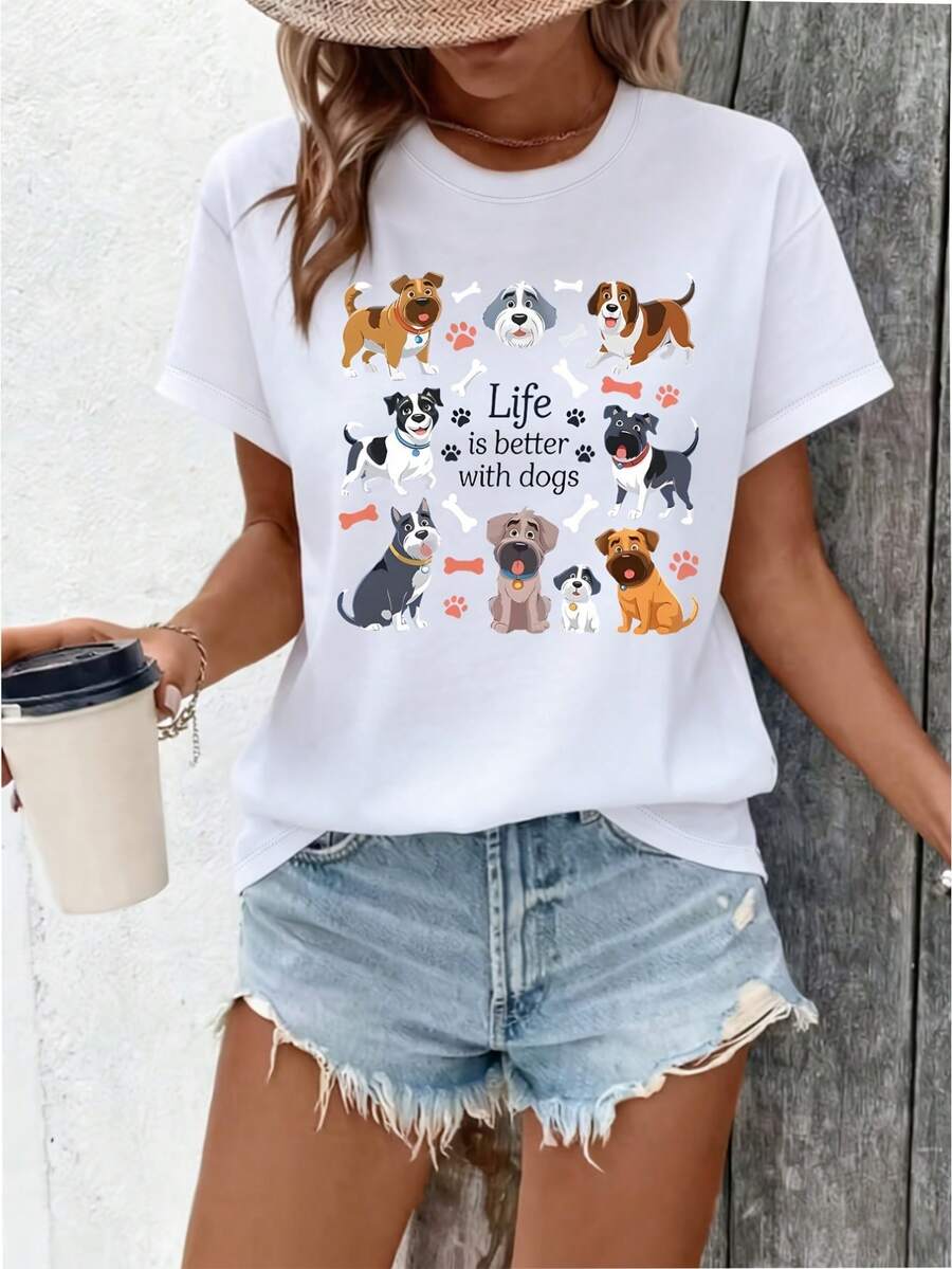 Varios diseños de dibujos animados de perros, huesos y huellas de patas, nueva camiseta de verano para mujer, camiseta de manga corta, camiseta estampada de moda casual para damas, ropa elegante para mujer. - Blanco - Ver 1