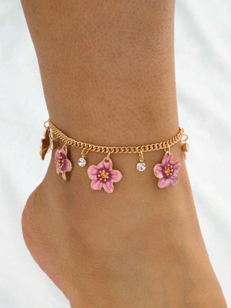 1 pieza de tobillera de flores de 5 piezas con estampado de teñido anudado degradado de estilo retro y elegante, adecuada para vacaciones, viajes, citas, uso diario, joyería de mujer - flores - Ver 1