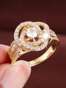 1pc Delicate Floral Line Design Cubic Zirconia Inlaid Women Ring - Multicolor - View 3