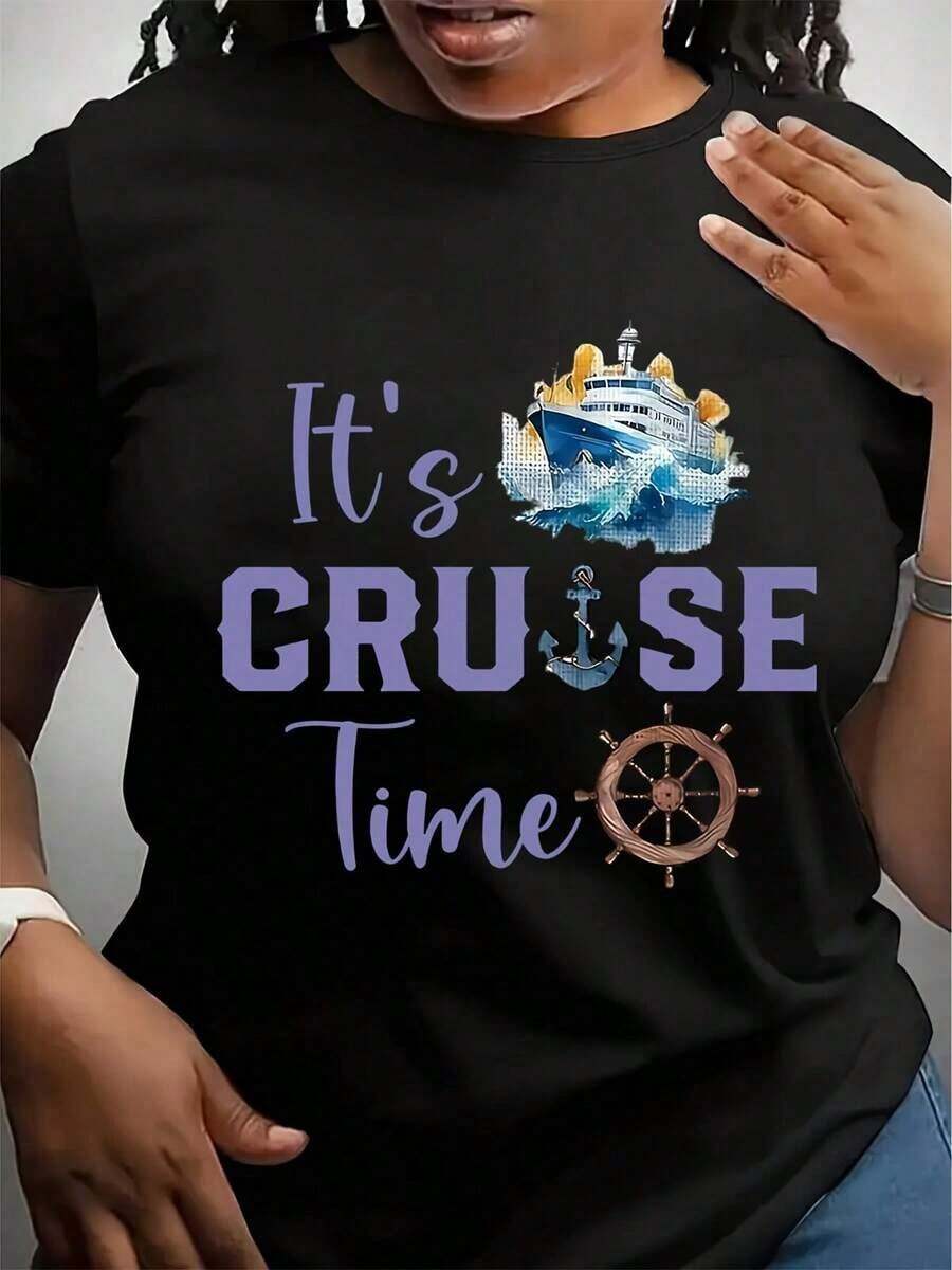Camiseta de manga corta para mujer con estampado 'Cruise Time', diseñada para viajes en crucero, perfecta para un uso cómodo e informal en primavera y verano. - Negro - Ver 1