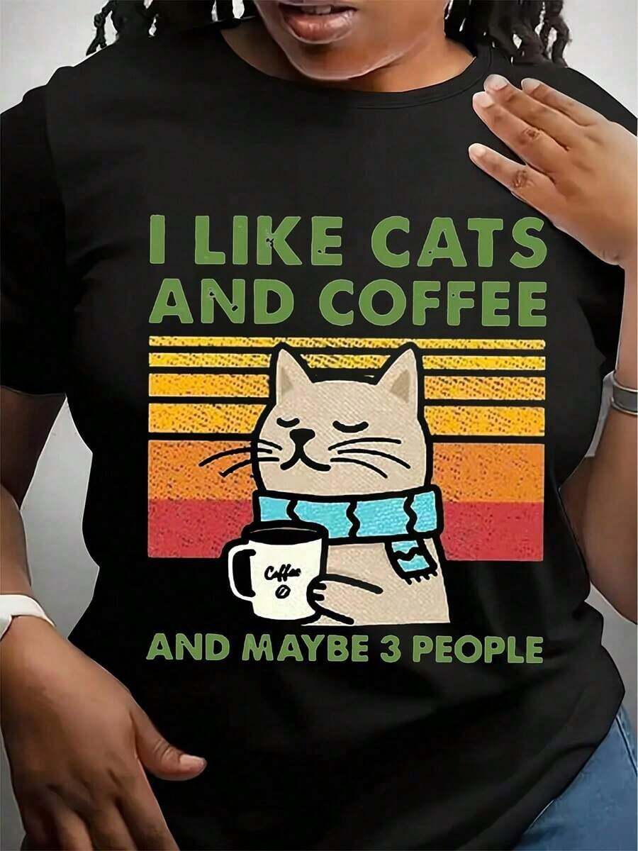 Women's Lightweight Casual T-Shirt With Cat And Coffee Graphic Print, Short Sleeve, Round Neck, All Season T-Shirt With Cat And Coffee Design, Casual Garment With Fun Print, Knit Fabric, Gift For Cat Lovers - 黑色 - 查看 1