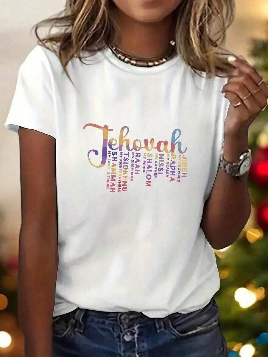 1 pieza de camiseta de manga corta con cuello redondo y estampado de letras del alfabeto inglés para mujer - Blusa casual y deportiva de alta elasticidad - Top lavable a máquina con letras para atuendos casuales y combinaciones de capas - Ajuste cómodo - Blanco - Ver 1