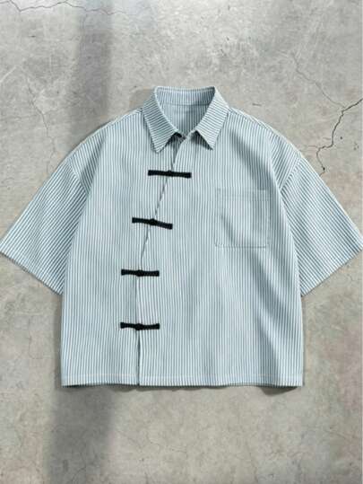 Men's Summer Casual New Chinese Style Striped Print Contrast Color Loose Shirt
