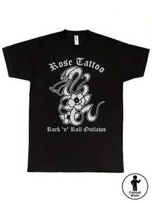 Camiseta Unisex y para Hombres de Tatuaje de Rosa Rock 'N' Roll Outlaws - 8 Colores (Azul MarinoGris)  Estampado, Corte Holgado, Casual para Verano, Tallas Grandes Disponibles para Conciertos, Festiva - Negro - Ver 1