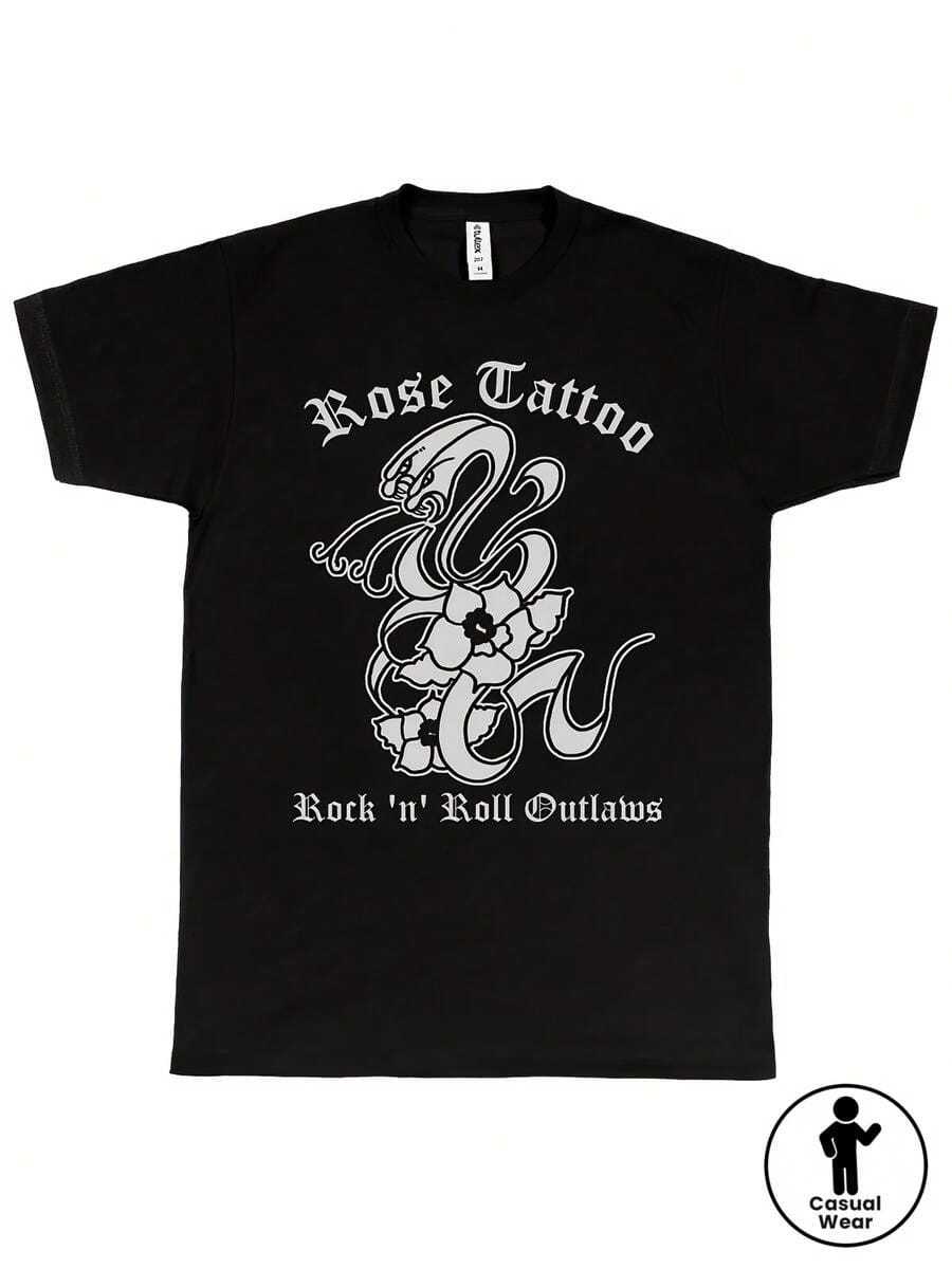 Camiseta Unisex y para Hombres de Tatuaje de Rosa Rock 'N' Roll Outlaws - 8 Colores (Azul MarinoGris) Estampado, Corte Holgado, Casual para Verano, Tallas Grandes Disponibles para Conciertos, Festiva - Negro - Ver 1