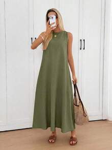 Vestido midi holgado sin mangas con espalda plisada, bajo irregular, silueta en A, tela de crepé texturizada, uso casual, relajado y elegante para la oficina/vacaciones para mujeres, primavera/verano - Verde Oliva - Ver 6