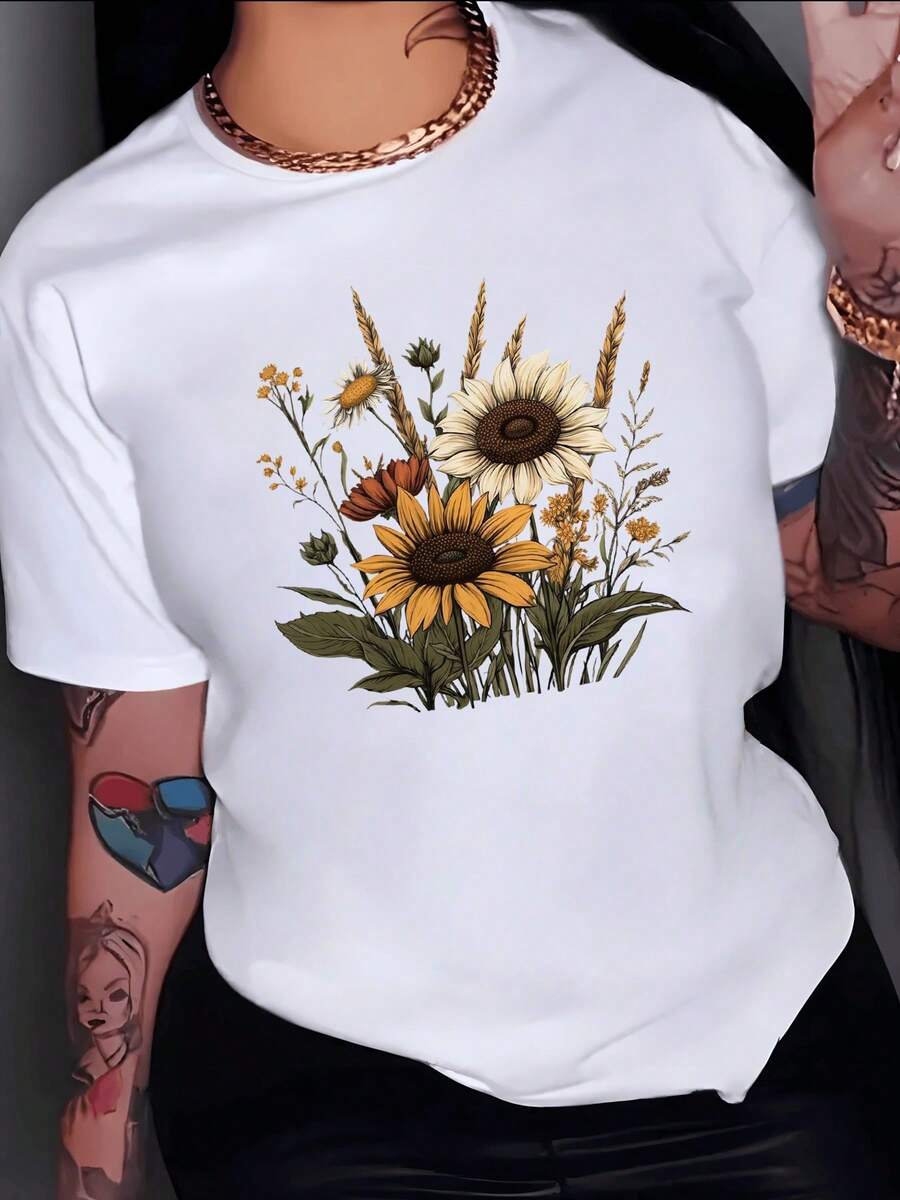 A Bouquet Of Sunflowers And Wildflowers Symbolizing Joy, Freedom, And Positive Energy Under The Sun, Conveying Natural Light And An Optimistic Spirit. A Comfortable, Modern, Casual Women's T-Shirt. - 白色 - 查看 1