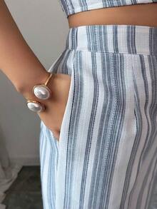 conjunto de 2 piezas de primavera/verano con top sin mangas de lino texturizado a rayas azul y blanco, y pantalones casuales acampanados con bolsillos duales, elegante estilo casual - Multicolor - Ver 4