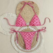 2026 New Cross-Border Trimmed Swimsuit With Color-Block Print, Tie-Up Sexy Bikini Two-Piece Swimsuit For Women - Red - View 5