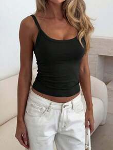 Top de lencería de moda para mujer  camiseta sin mangas de cuello redondo ajustada de estilo casual y sexy para primavera/verano, adecuada para uso diario y viajes a la oficina - Negro - Ver 11