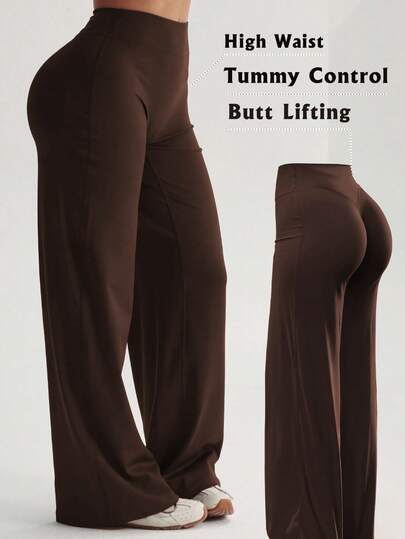 Women's High Waist Wide Leg Pants For Outdoor Exercise, Comfortable Sports Casual Leggings, High Elastic Flare Pants For Commuting & Yoga, Knit Fabric, Elastic & Comfortable, Suitable For Daily Wear And Workout Spring, Athleisure