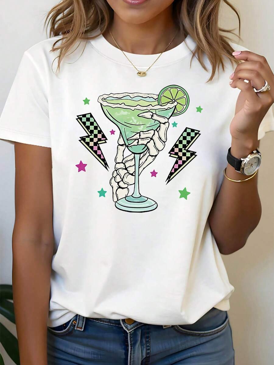 Camiseta de Mujer 2026 con Diseño de Calavera y Tema Margaret, Patrón Decorativo de Copa de Vino, Manga Corta Casual, Estilo Retro Verde y Rosa, Única para Fiestas, Camiseta para Uso Diario - Blanco - Ver 1