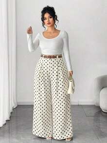 Pantalones de pierna ancha para mujer de talla grande, unicolor albaricoque, estilo elegante, de moda para ir al trabajo y la oficina - Albaricoque - Ver 3