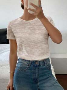 Camiseta casual de mujer con cuello redondo y mangas cortas en bloque de colores, adecuada para el verano - Albaricoque - Ver 9