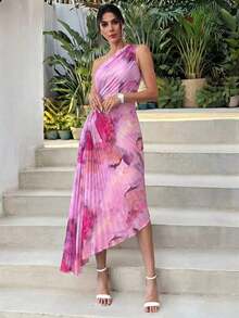 Vestido de mujer nuevo con estampado de teñido anudado asimétrico, cintura hueca, volantes en el bajo y un solo hombro, vestido elegante y romántico para citas y vacaciones, vestido de verano para mujer, tono de color suave, adecuado para atuendo de playa - Rosa Pálido - Ver 4