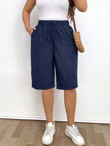 Pantalones cortos holgados de lino de talla grande para mujer, de unicolor, con bolsillo y lazo en la cintura, pantalones cortos anchos y de pierna ancha, pantalones cortos modestos para vacaciones y verano, color negro - Azul marino - Ver 6