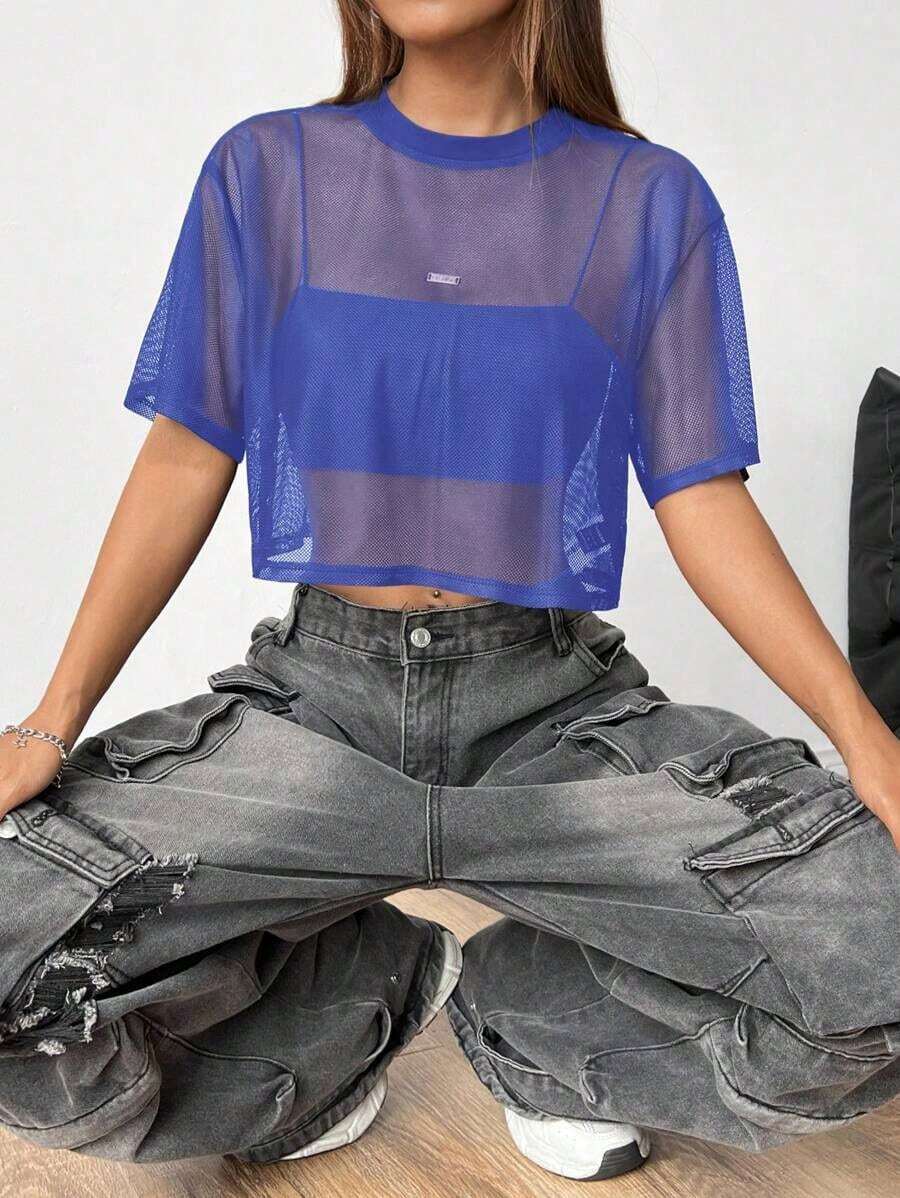 Top de malla negra de manga corta para mujer - azul real - Ver 1