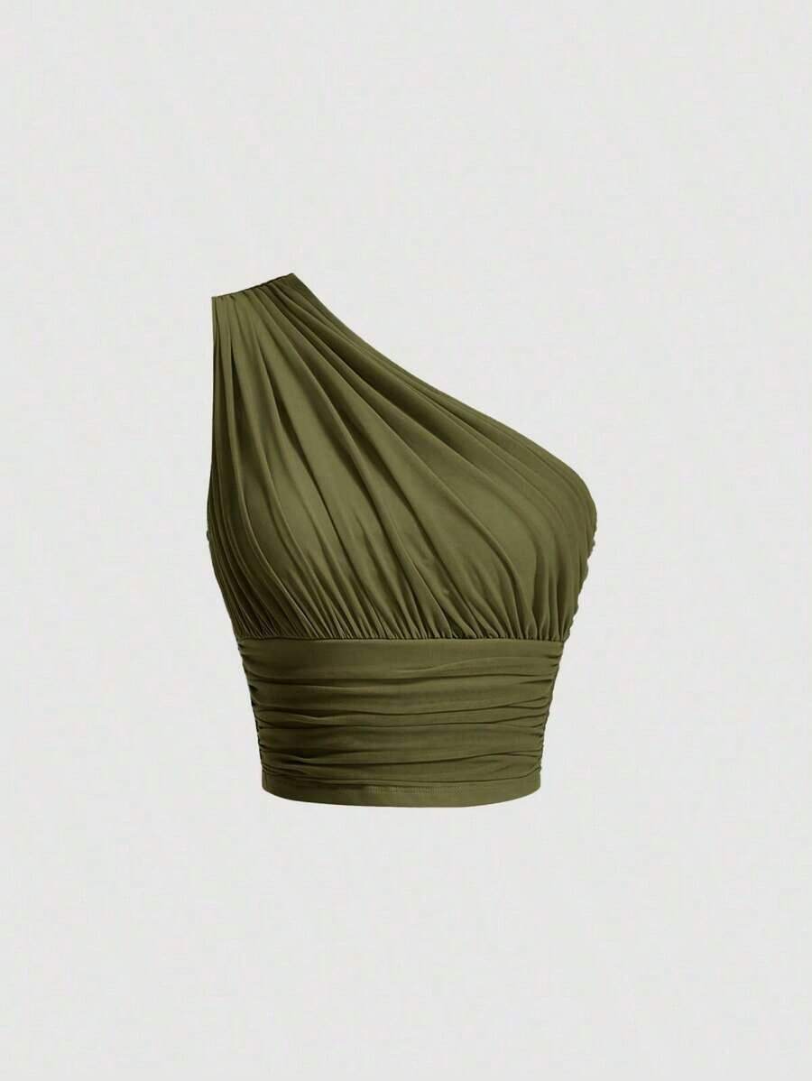 Top crop de un hombro fruncido - Verde militar - Ver 1