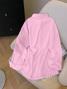 Camisa casual/de trabajo de manga larga, de un solo pecho y de unicolor para mujer de talla grande - Rosa 2 - Ver 2