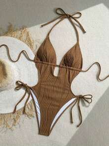 Traje de baño de una pieza con cuello en V de punto jacquard con textura y espalda descubierta, color verde oliva, adecuado para la playa.Traje de baño de una pieza negro, traje de baño de mujer con cuello halter - Café integral - Ver 3