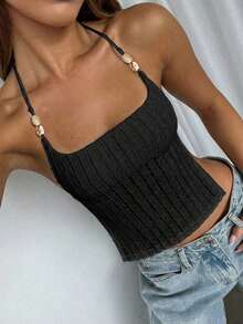 de tirantes ajustada de unicolor casual para mujer Vaiaye, con decoración de concha, textura de jacquard, adecuada para la playa, el Día de San Patricio y el trayecto al trabajo en verano - Negro - Ver 10