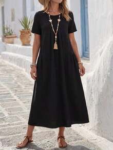 Vestido casual de mujer de unicolor con doble bolsillo - Negro - Ver 2