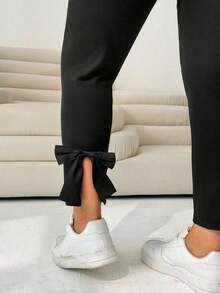 Pantalones casuales ajustados de color negro con decoración de moño y abertura lateral para mujer de talla grande, para verano, otoño, lindos, vacaciones en la playa, estilo occidental, concierto de música country, escuela, brunch - Negro 2 - Ver 3