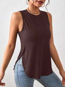 1 pieza Camiseta casual de mujer de cuello redondo y bajo con abertura lateral de un solo color - Marrón - Ver 6