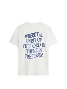 Women's Short-Sleeved T-Shirt With A Bible Verse Print, "Where The Spirit Of The Lord Is, There Is Freedom." This Relaxed, Loose-Fitting, Slimming, Comfortable, And Breathable Retro American Style Is Perfect For Everyday Wear, Religious Activities, Easter, Girls' Trips, And Spring/Summer Outfits. S0FP - 白色的 - 查看 3