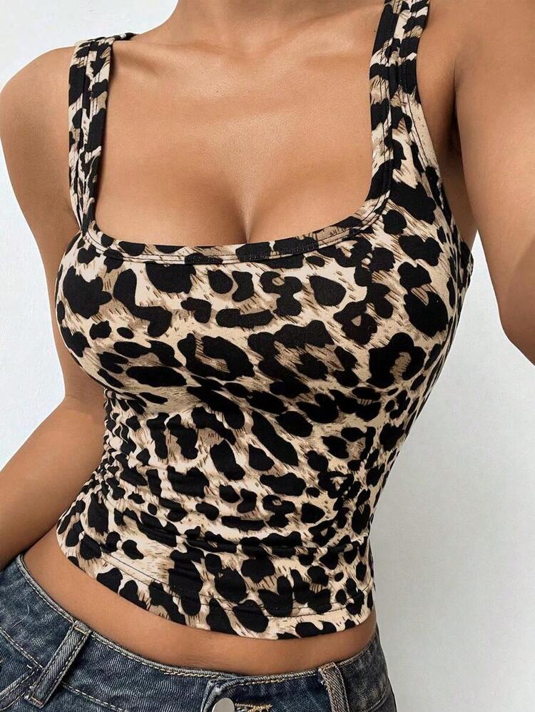 Top sin mangas de punto con estampado de leopardo y ajuste delgado para mujer - Multicolor 2 - Añade 7