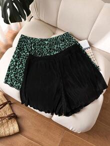 Shorts plisados de talla grande de verano con estampado de leopardo y unicolor - Multicolor 3 - Ver 6