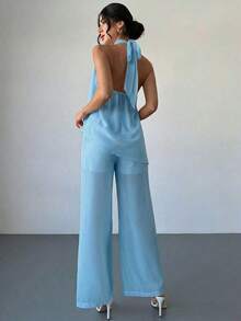 Conjunto de blusa y pantalones rectos holgados de mujer, elegante y casual para oficina, de gasa rosa con cuello de halter sin mangas y dobladillo asimétrico suelto, nuevo para primavera/verano - Azul - Ver 3