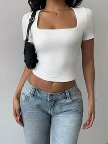 Top corto ajustado de mujer de punto con cuello convertible de unicolor - Blanco - Ver 5