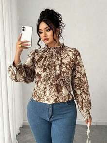 Blusa elegante de talla grande para mujer 2025 con encaje jacquard, parches y mangas con volantes, cintura ceñida y silueta evasé, adecuada para volver al colegio, graduación, vacaciones, San Valentín, festivales de música, Día de la Madre, Hallow - Marrón 3 - Ver 5