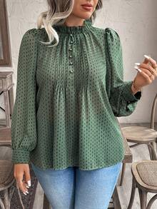 Blusa elegante de talla grande para mujer 2025 con encaje jacquard, parches y mangas con volantes, cintura ceñida y silueta evasé, adecuada para volver al colegio, graduación, vacaciones, San Valentín, festivales de música, Día de la Madre, Hallow - Verde Oscuro - Ver 3
