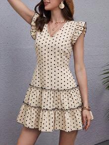 Vestido Floral De Estilo Romántico Con Volantes En Los Orificios De Los Brazos, Con Corte Asimétrico Y Detalles Decorativos De Volantes En Capas - Albaricoque - Ver 7