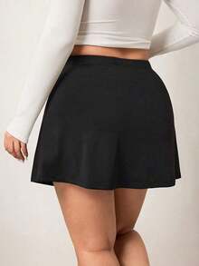 Falda corta casual de línea A de unicolor negro básico para mujer de talla grande, amigable con las curvas del Body redondeado, para el invierno, para la figura de Body redondeado tipo manzana - Negro 3 - Ver 2