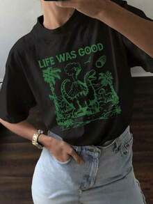 Camiseta estampada, camiseta de algodón estampada de talla grande, camiseta de manga corta con cuello redondo y estampado de dinosaurios y la frase "LIFE WAS GOOD" impresa en ella, una camiseta de verano, adecuada para combinar con una camisa. - Negro - Ver 7