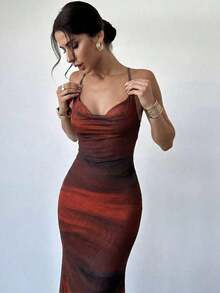 Vestido ajustado de tela transparente con tirantes de atar en el hombro descubierto y espalda descubierta, de colores degradados, elegante para uso diario u ocasiones de vacaciones, estilo veraniego - Burdeos - Ver 4