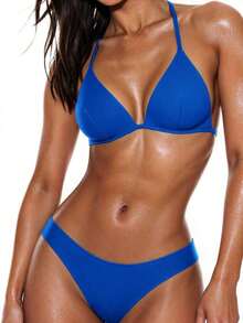 Conjunto de bikini liso, sujetador push up y parte inferior de bikini, traje de baño de 2 piezas - azul real - Ver 1