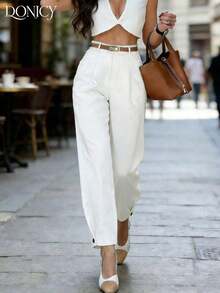 anchos de mujer de color beige sólido, pantalones largos plisados de tela texturizada elegante, adecuados para la oficina y el uso casual en primavera/verano.Cinturón no incluido. - Blanco - Ver 3