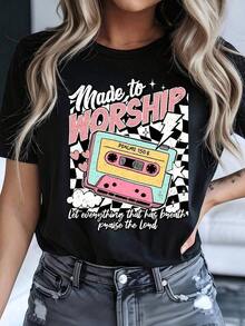Christian T-Shirt "Made To Worship", T-Shirt With Bible Verse Psalm 15:06, Hoodie, Retro Worship T-Shirt With Cassette Design, Gift Of Faith In Jesus For Women - 黑色 - 查看 1