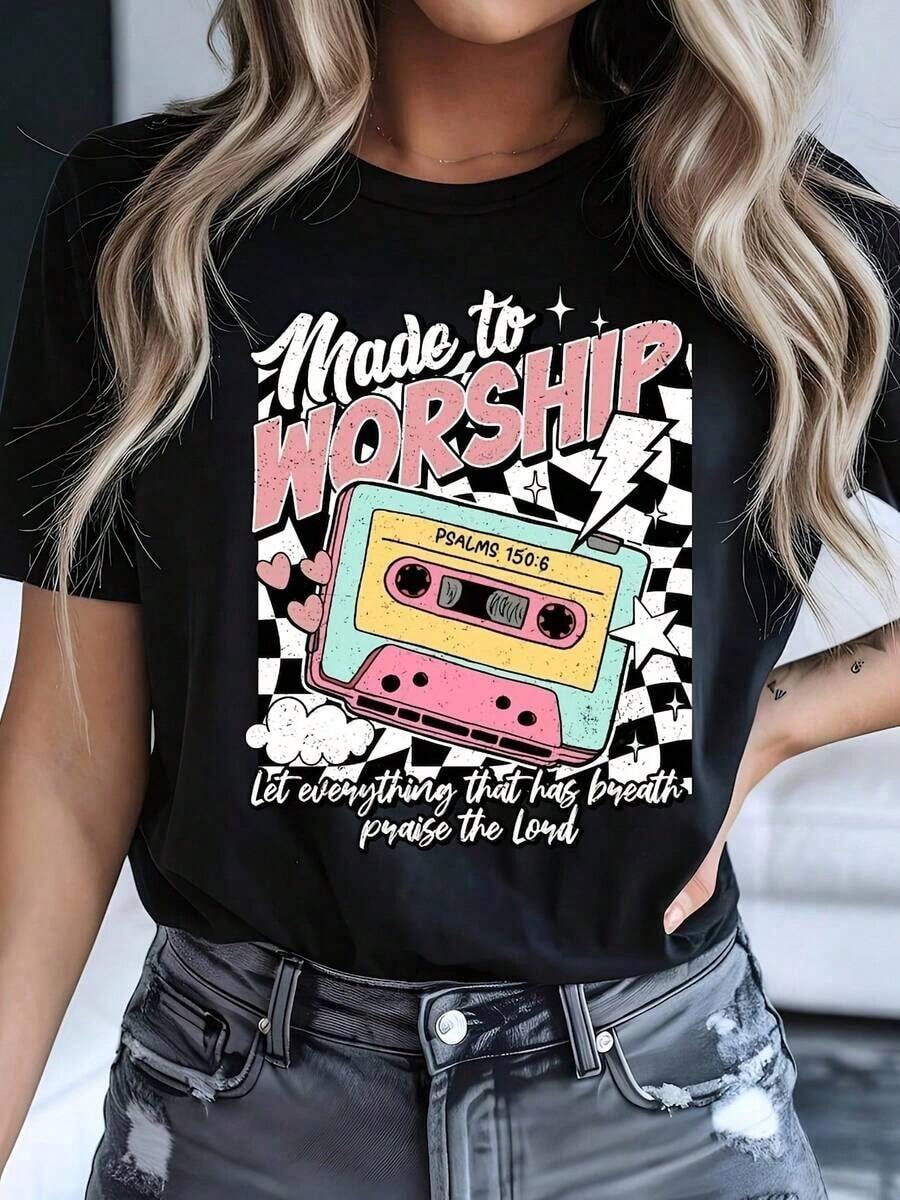 Christian T-Shirt "Made To Worship", T-Shirt With Bible Verse Psalm 15:06, Hoodie, Retro Worship T-Shirt With Cassette Design, Gift Of Faith In Jesus For Women - 黑色 - 查看 1