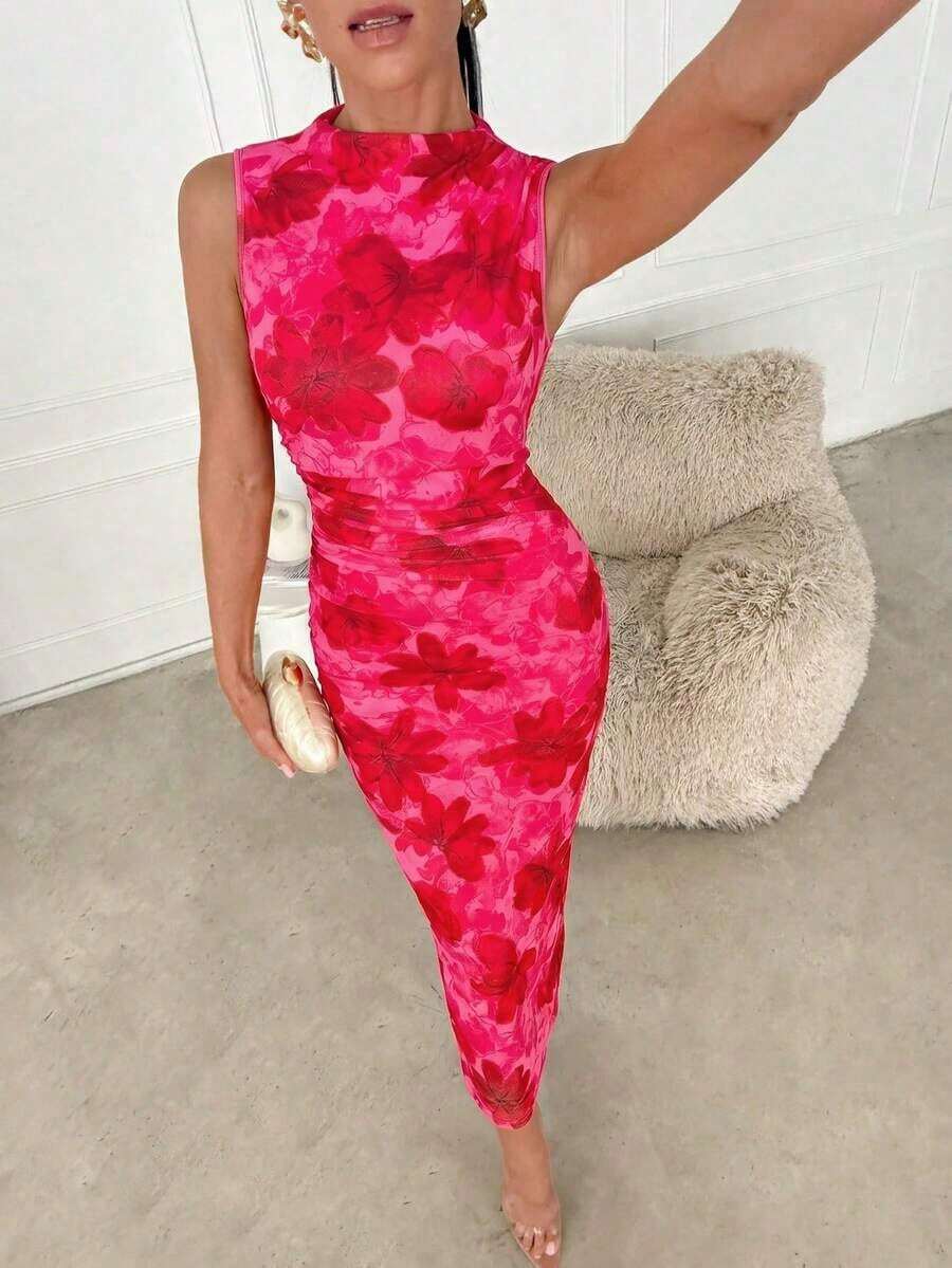 Vestido midi de Body con estampado abstracto rojo sin mangas, adecuado para el verano - Multicolor 2 - Ver 1