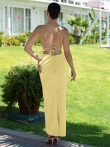 Vestido de verano con tirantes finos, con nudo delantero y espalda descubierta, de unicolor y minimalista para mujer - Amarillo - Ver 2